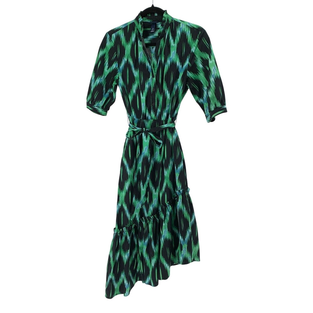 Scoop Green Ikat Ruffle Hem Shirt Dress Belted Pockets XS SS-1180B